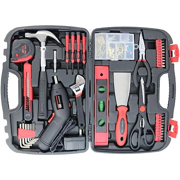 Small Home Tool Kit included Battery Screwdriver Cordless Women's Tool Kit with Case-SAVWAY P7994 Hand Tool Set with Black Toolbox for DIY Projects 143pcs